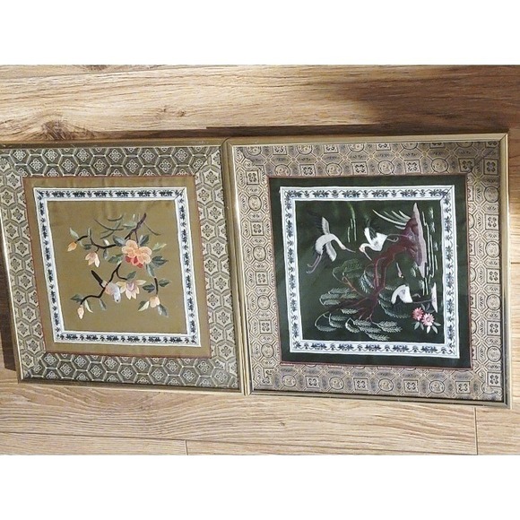 Vintage Framed Asian Silk Embroidered Art Pair Birds Flowers Wall‎ Decor